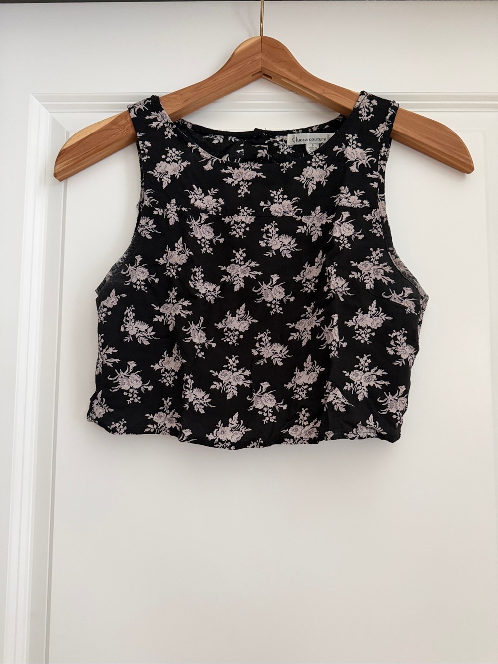 Lucca Couture Black Crop Top with Light Pink Floral Print